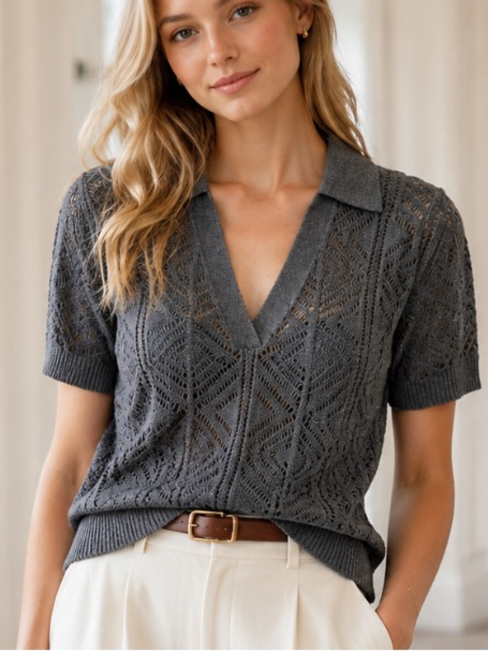 J. Crew Dark Gray Cashmere Lace Pointelle Sweater-Polo Medium 39858